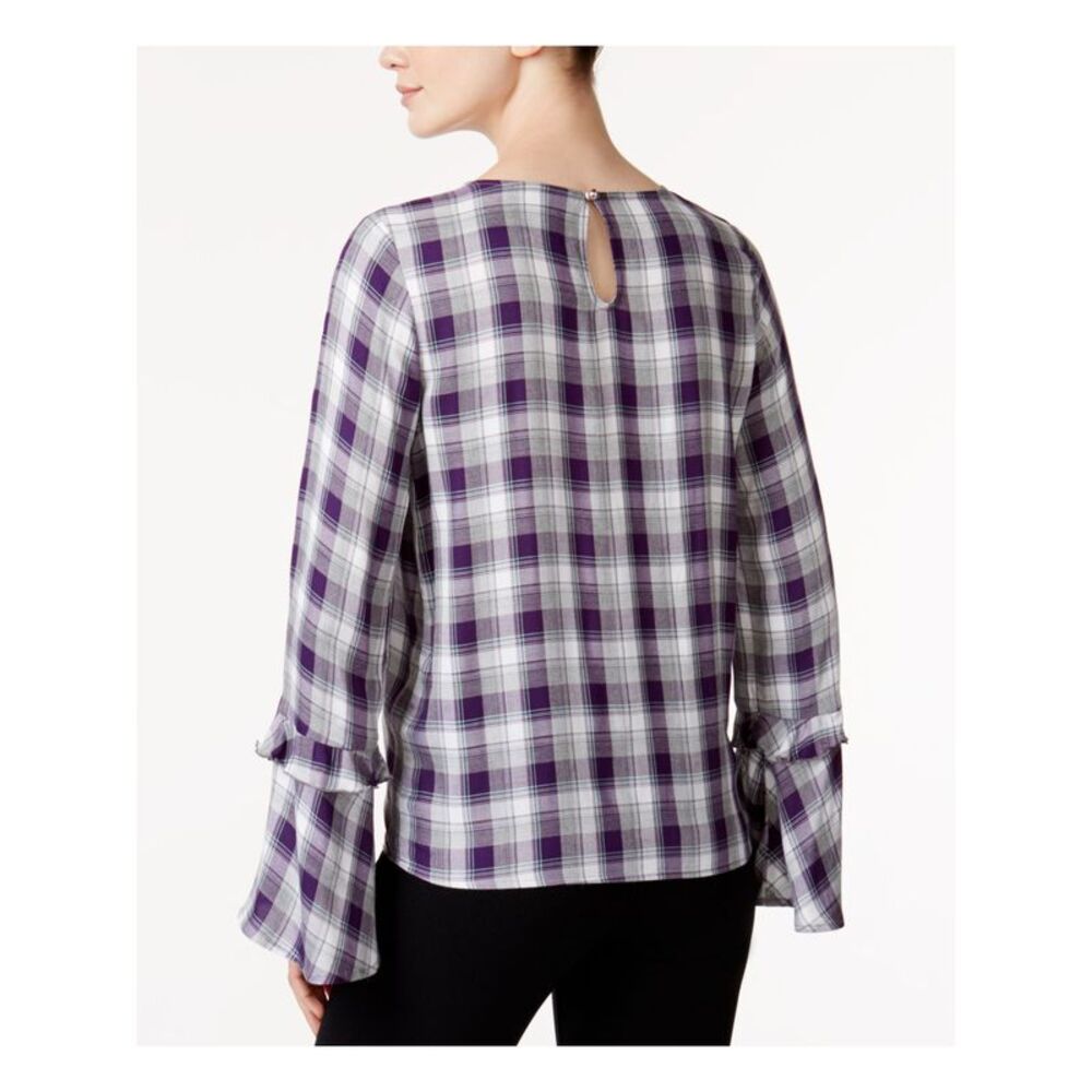 MAISON JULES Womens Purple Plaid Bell Sleeve Jewel Neck Blouse Size: XXS - Picture 2 of 2